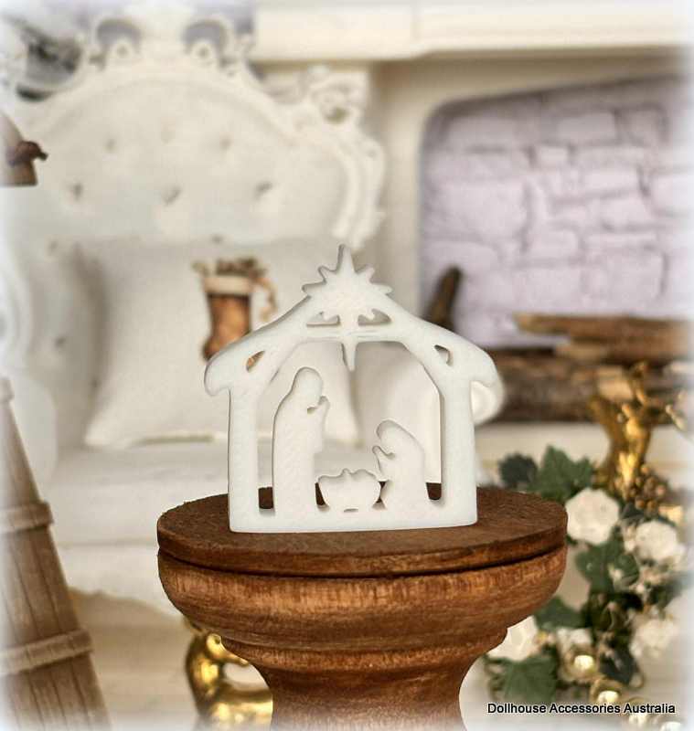 Dollhouse Christmas nativity manger white ornament