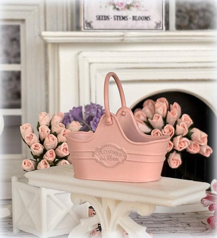 Dollhouse white metal embossed garden florist basket