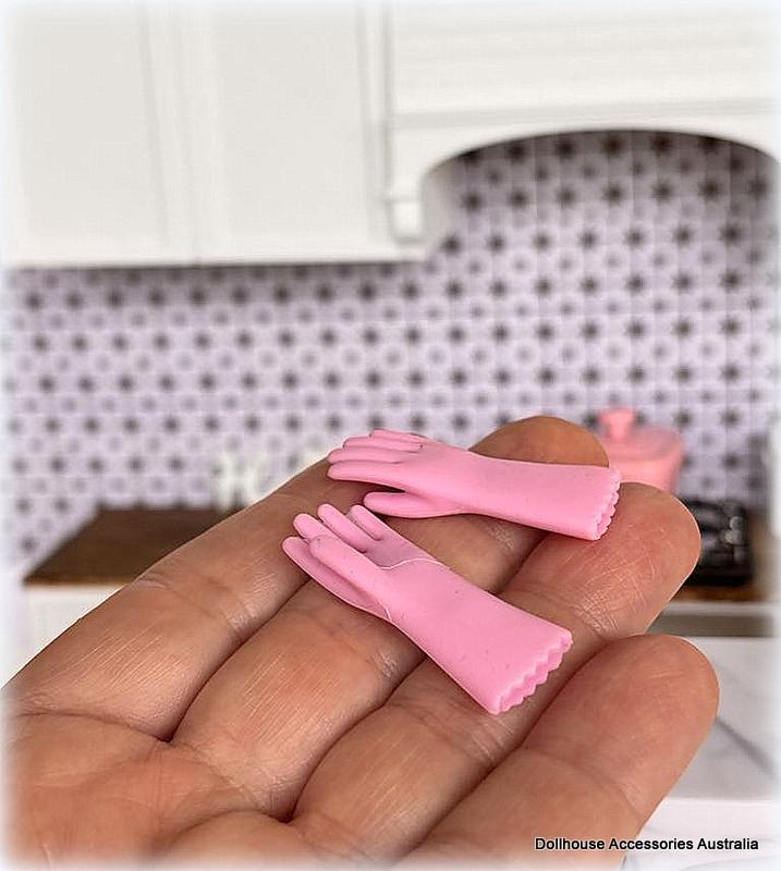 Dollhouse miniature kitchen pink rubber gloves