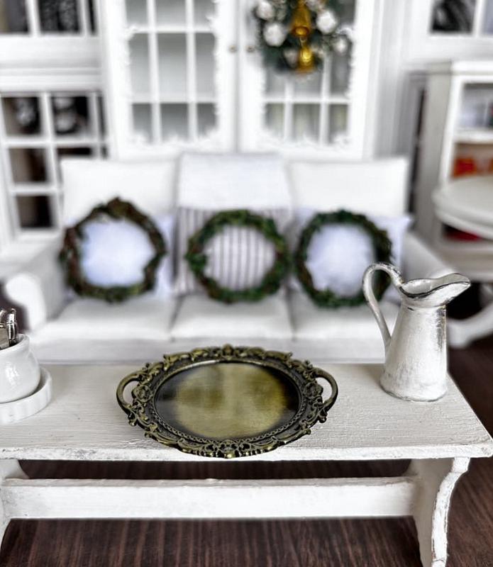Dollhouse round metal serving tray ornate