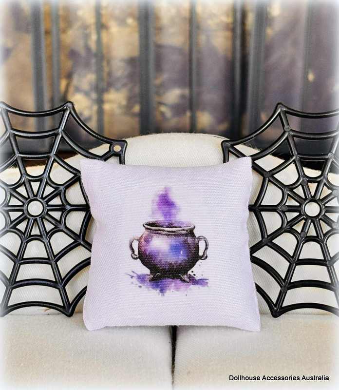 Dollhouse miniature Hallowee purple cauldron cushion witch house