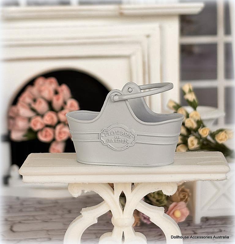 Dollhouse vintage style metal bucket blue grey