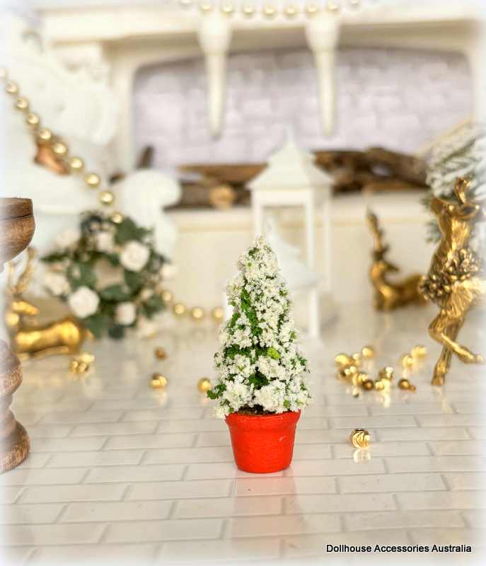 Dollhouse christmas white tree in red pot small