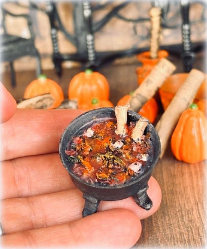 Dollhouse witch cottage cauldron stew with bones and eyeballs