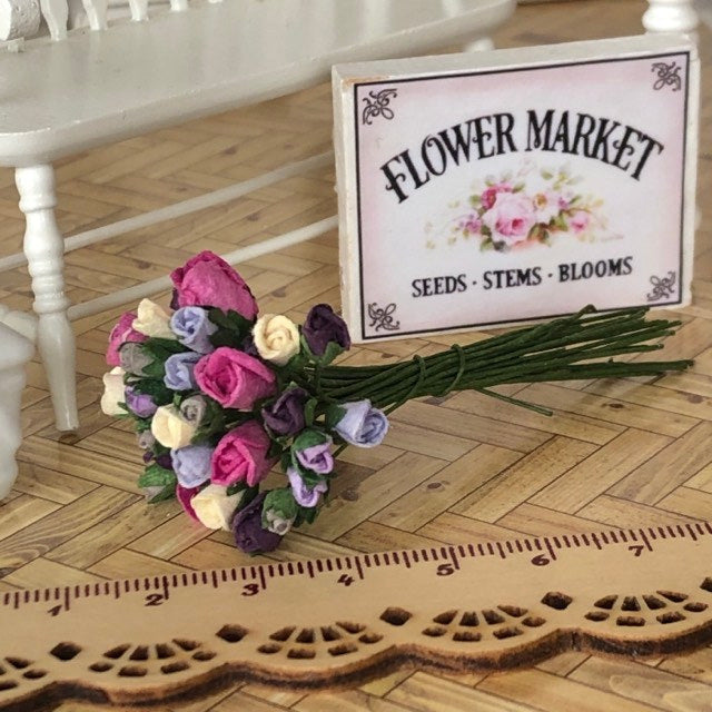 Dollhouse minature mulberry paper roses purple pink white 