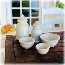Dollhouse embossed farmhouse country kitchen canisters baking bowls