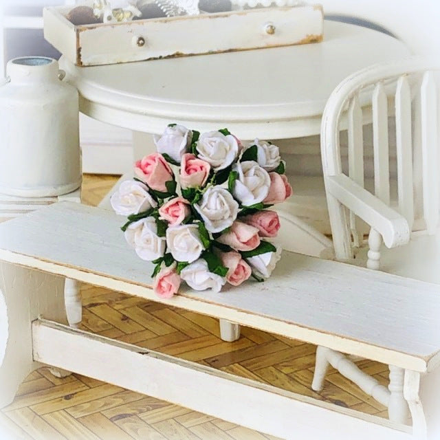 Dollhouse pink white rose bouquet mulberry flowers