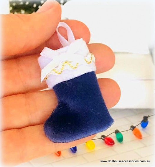 Plush Christmas Stocking - Blue with Bow - Miniature