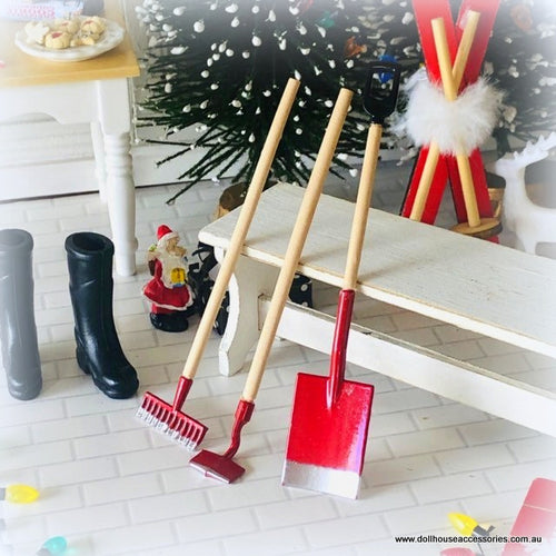 Dollhouse Christmas Santa red tool set shovel snow winter