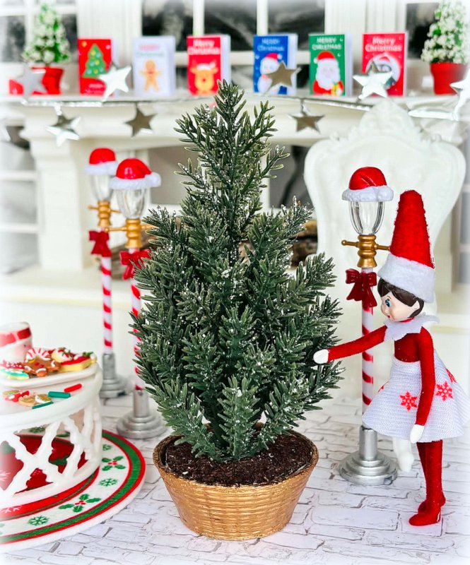 Dollhouse Christmas Cedar Tree in Gold Wicker style pot