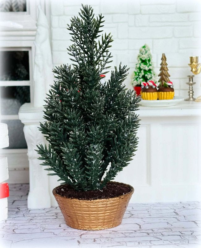 Dollhouse Christmas Cedar Tree in Gold Wicker style pot