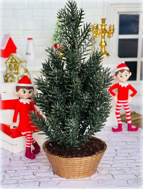 Dollhouse Christmas Cedar Tree in Gold Wicker style pot