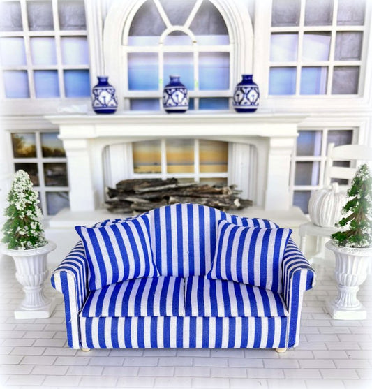 Dollhouse blue white striped 2 seater sofa couch