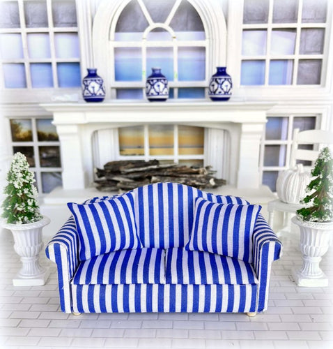 Dollhouse blue white striped 2 seater sofa couch