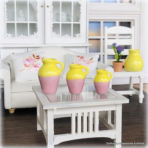 Dollhouse yellow pink set of vases
