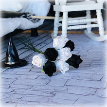 Dollhouse Halloween black white bouquet roses apothecary