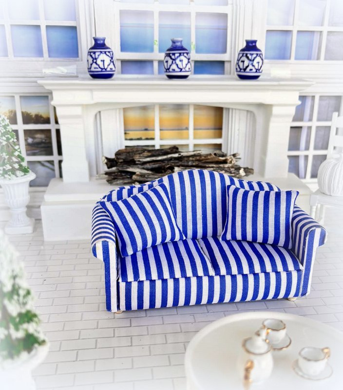 Dollhouse blue white striped 2 seater sofa couch