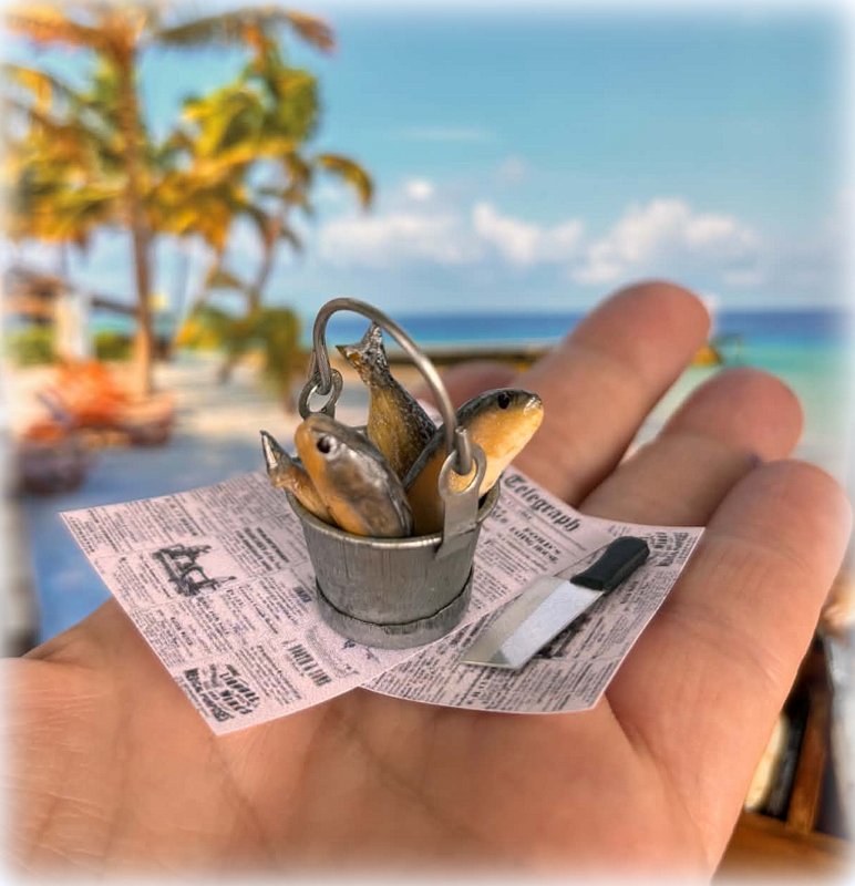 Dollhouse miniature bucket of fish with fish knife and newspaper fishmonger day's fresh catch