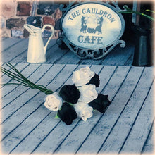 Dollhouse Halloween black white bouquet roses apothecary