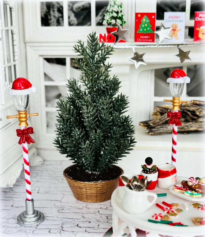 Dollhouse Christmas Cedar Tree in Gold Wicker style pot