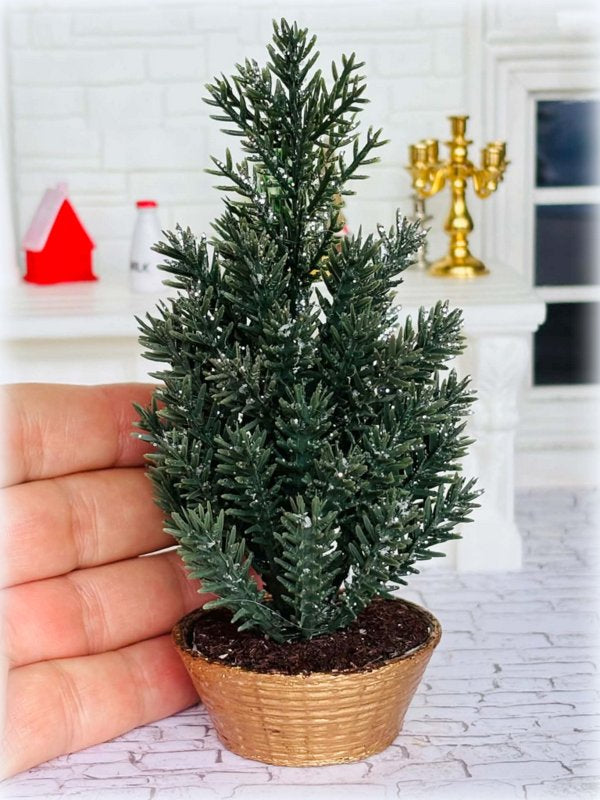 Dollhouse Christmas Cedar Tree in Gold Wicker style pot