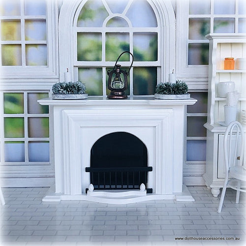 Dollhouse miniature white fireplace modern