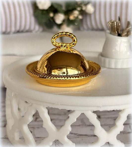 Dollhouse gold cloche serving plate dinner table