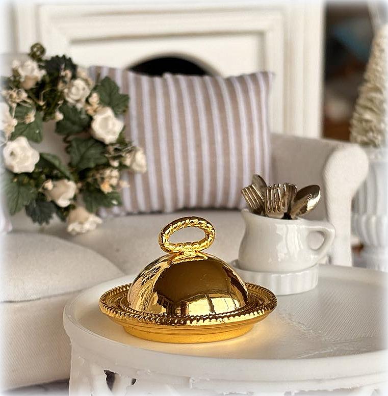 Dollhouse gold cloche serving plate dinner table