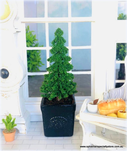 Dollhouse miniature fir tree in black planter pot