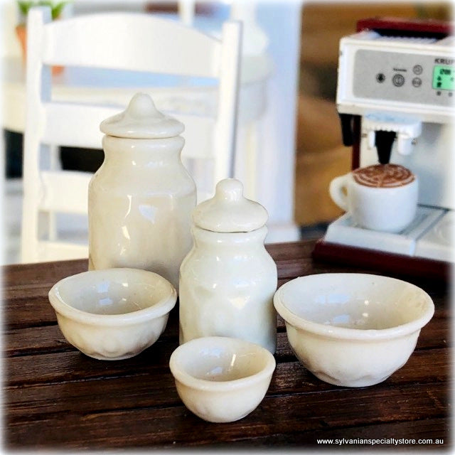 Dollhouse embossed farmhouse country kitchen canisters baking bowls