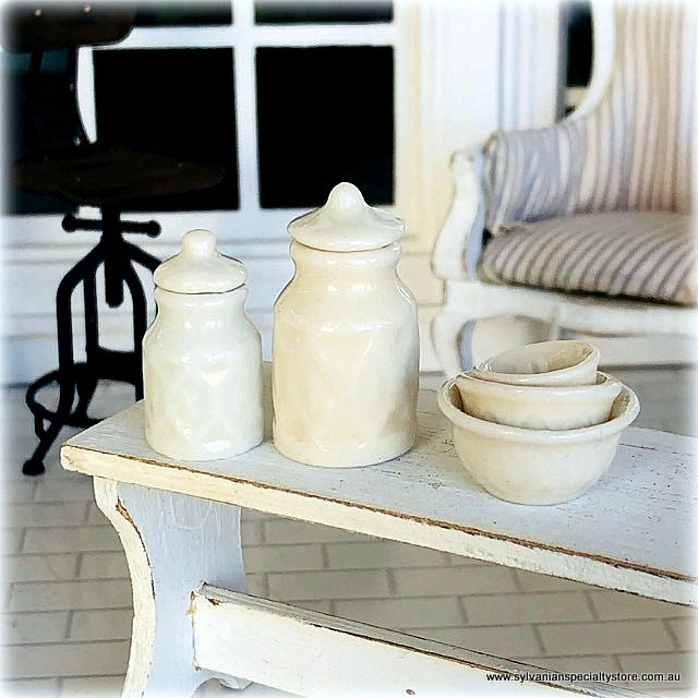 Dollhouse embossed farmhouse country kitchen canisters baking bowls