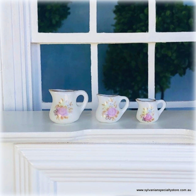 Dollhouse miniature pink floral vase set of 3