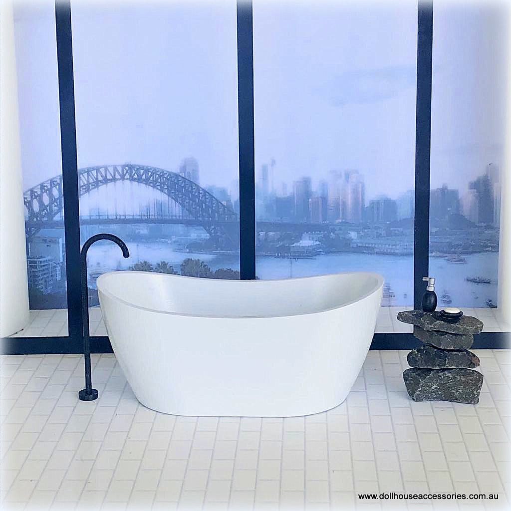 Dollhouse miniature modern white bathtub with standing faucet