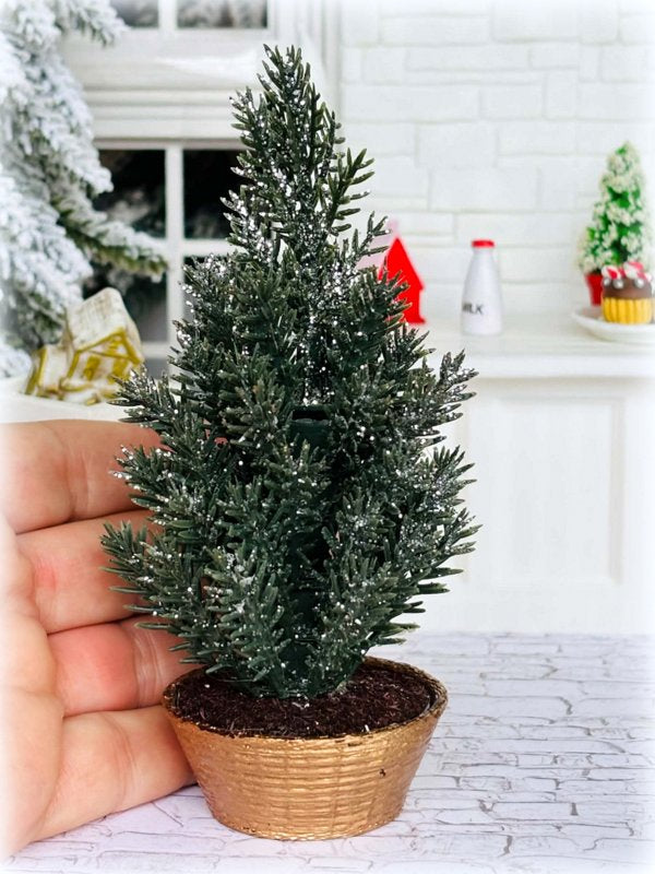 Dollhouse Christmas Cedar Tree in Gold Wicker style pot