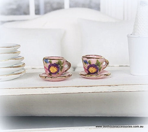 Dollhouse miniature pink rose tea set