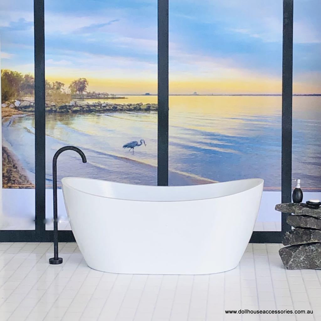 Dollhouse miniature modern white bathtub with standing faucet
