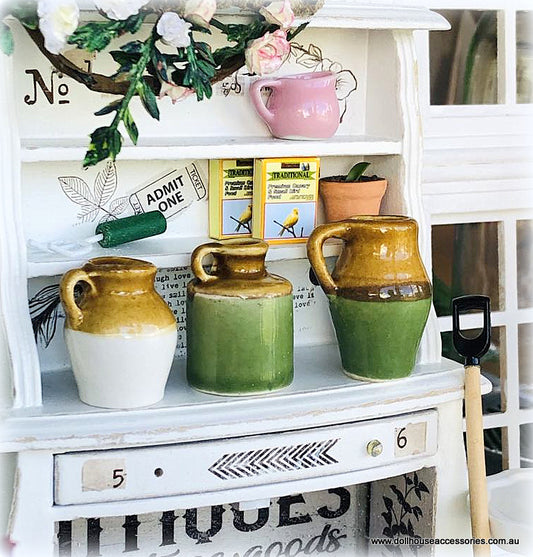 Dollhouse miniature ceramic jars green brown set