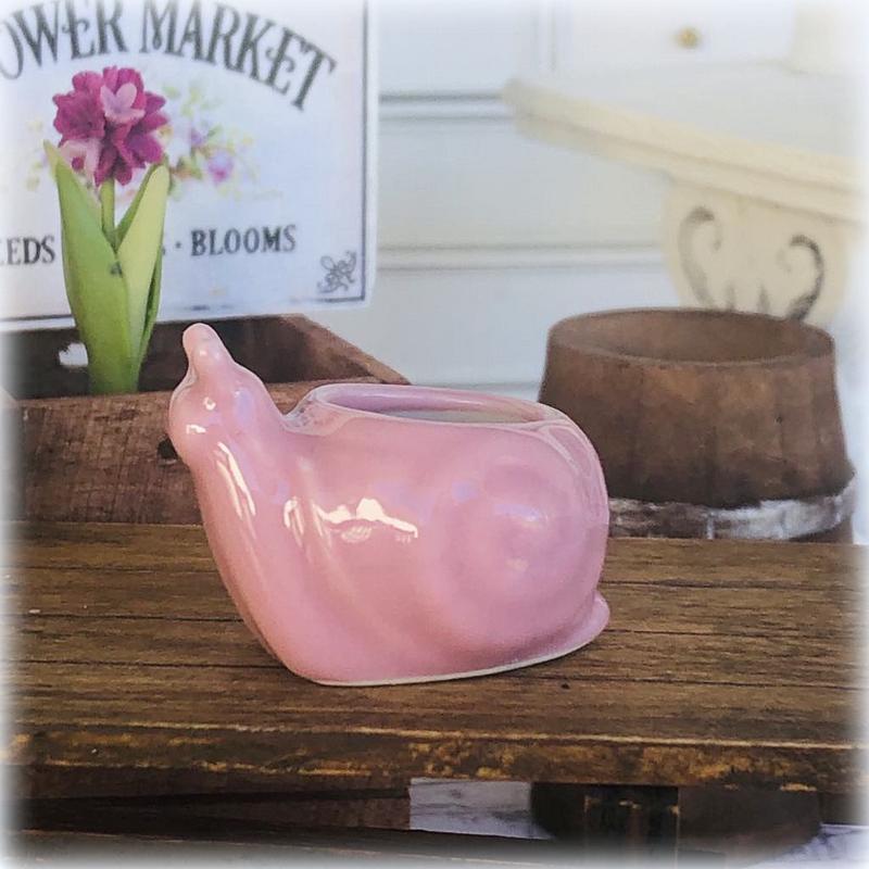 Dollhouse miniature pink snail planter pot