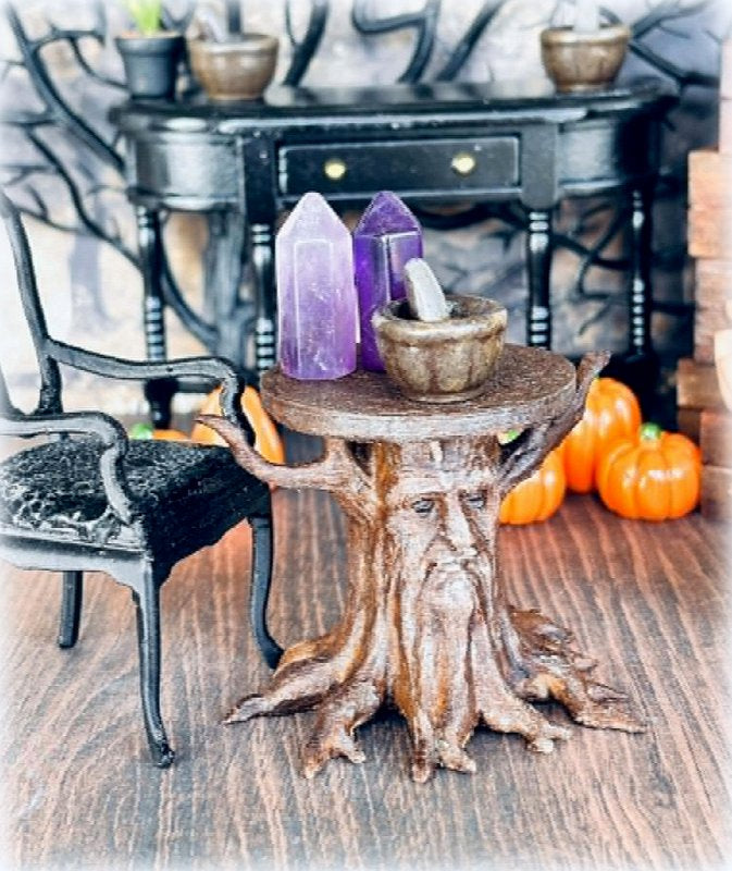 Dollhouse miniature old wise man tree trunk side table mystical haunted house