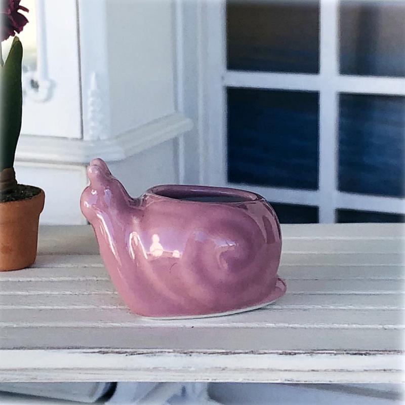 Dollhouse miniature pink snail planter pot