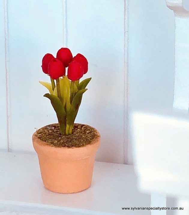 Dollhouse miniature red tulip flower in pot