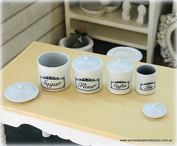 Dollhouse miniature pantry canisters labelled