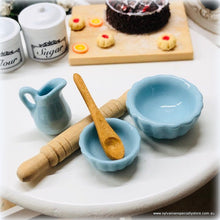 Dollhouse baking day blue ceramic bowl jug utensils