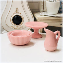 Dollhouse miniature pink cake plate high tea milk jug bowls