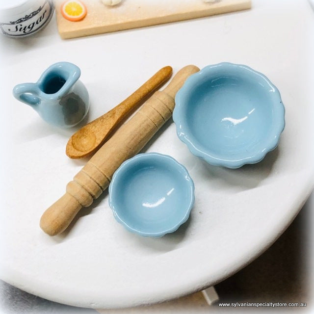 Dollhouse baking day blue ceramic bowl jug utensils