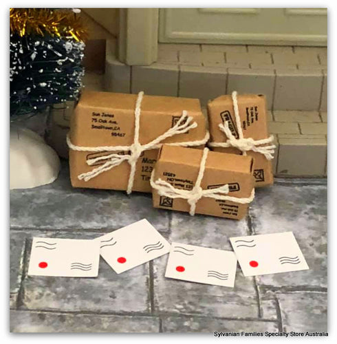 Dollshouse miniature 3 parcels wrapped envelopes