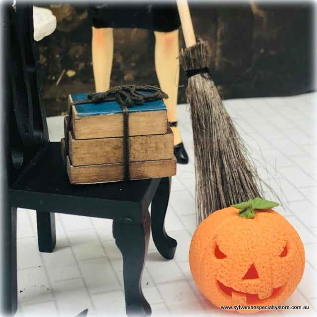 Dollhouse Halloween old books pile antique