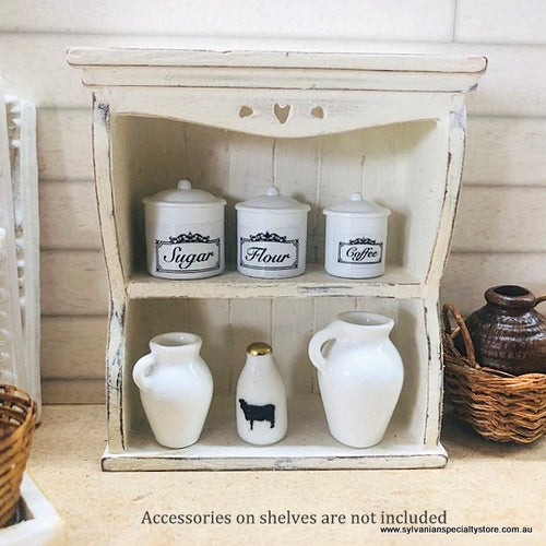 Dollhouse vintage style country shelf white crockery