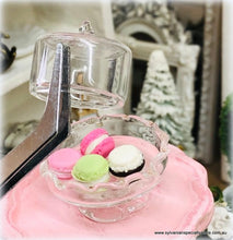 Dollhouse miniature glass cloche cake stand with macarons