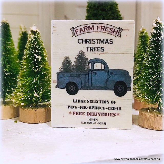 Dollhouse miniature farm fresh christmas trees blue truck